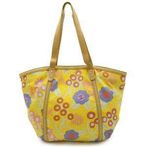 CHANEL High Summer Tote Bag Shoulder Floral Print Canvas Leather Yellow Multi...